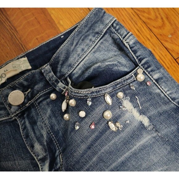 JOLT SKINNY JEANS W/ RHINESTONES & PEARLS - SIZE 3 /26 - DISTRESSED - Picture 3 of 9